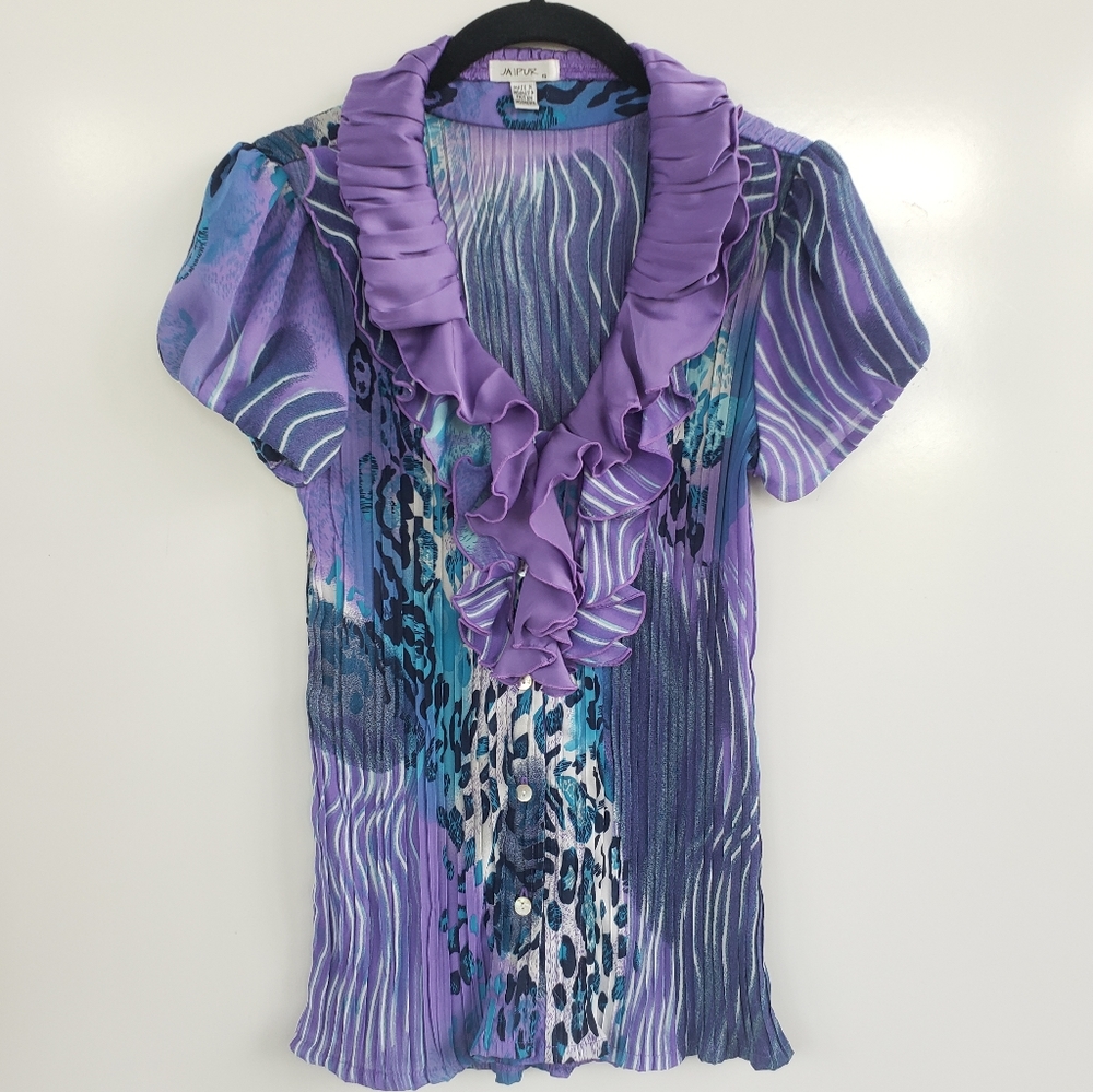 JAIPUR Ruffled Collar Crimped Short Sleeve Blouse
